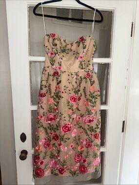 Lulu's Nude Tulle Strapless Dress with Pink & Green Floral Embroidery